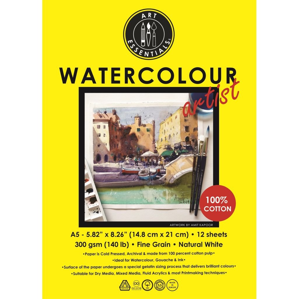 Art Essentials Watercolour Artist A5 (14.8 cm x 21 cm) Natural White Fine Grain / Cold Press 300 GSM Paper Short- Side Glued, Pad of 12 Sheets