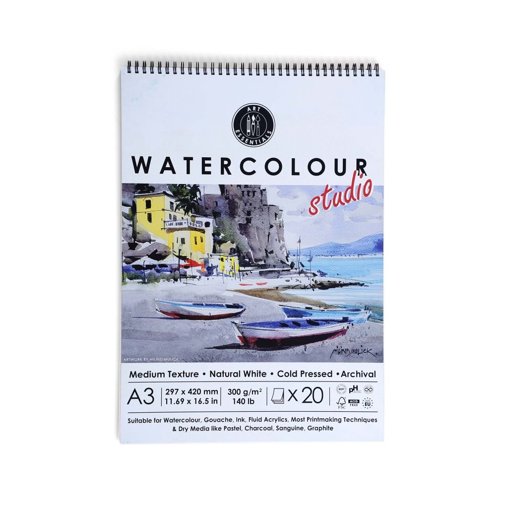 Art Essentials Watercolour Studio A3 (29.7 cm x 42 cm) Natural White Cold Press / Medium Surface 300 GSM Paper, Spiral Pad of 20 Sheets