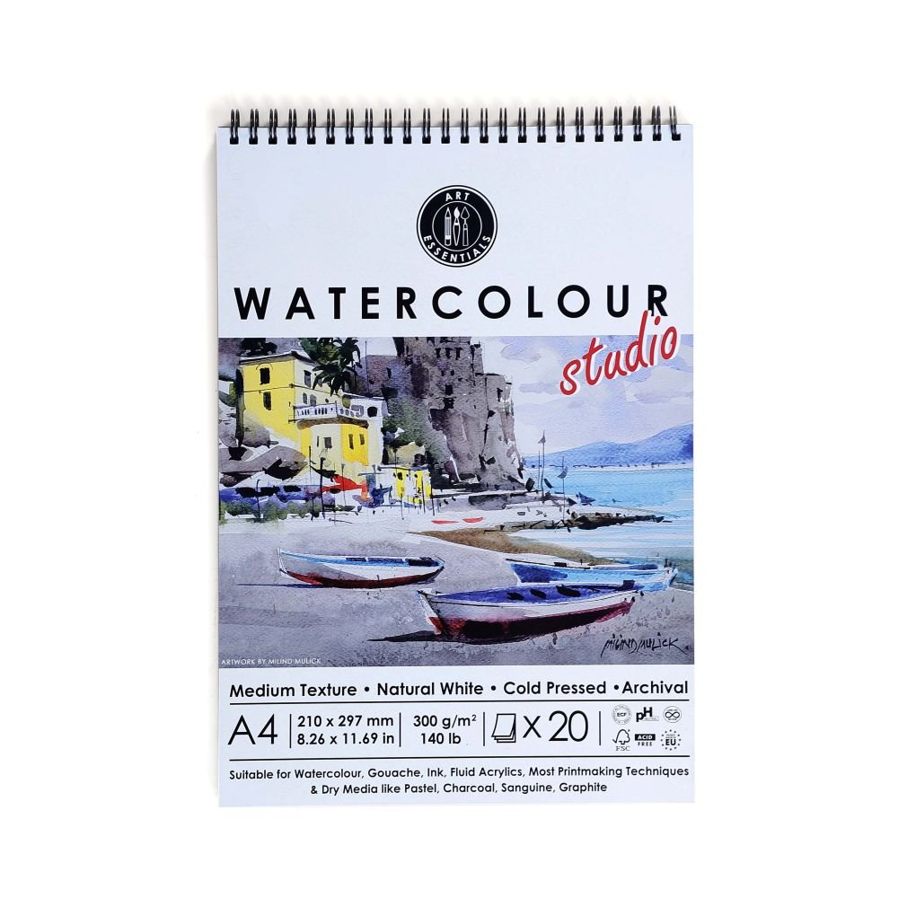 Art Essentials Watercolour Studio A4 (21 cm x 29.7 cm) Natural White Cold Press / Medium Surface 300 GSM Paper, Spiral Pad of 20 Sheets