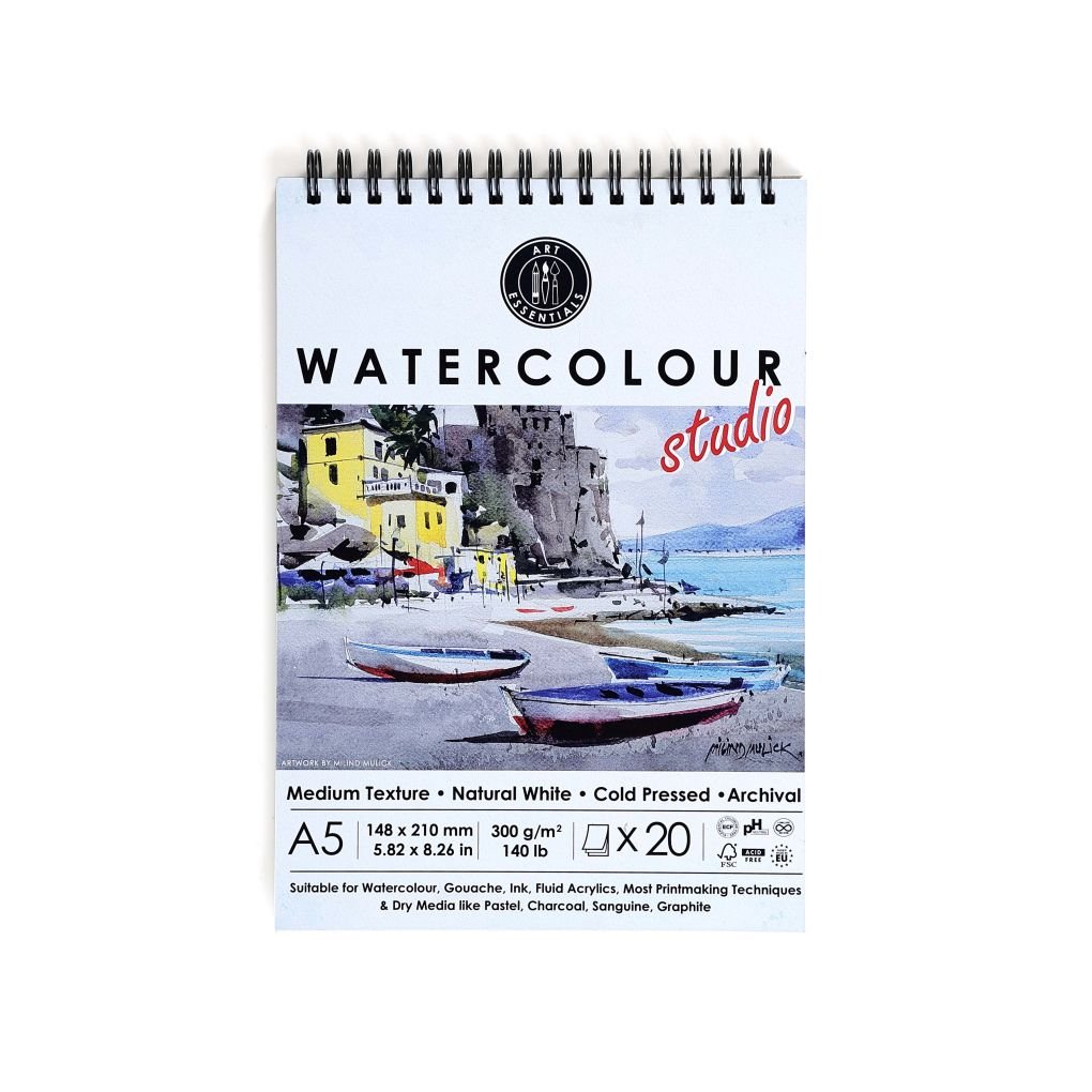 Art Essentials Watercolour Studio A5 (14.8 cm x 21 cm) Natural White Cold Press / Medium Surface 300 GSM Paper, Spiral Pad of 20 Sheets