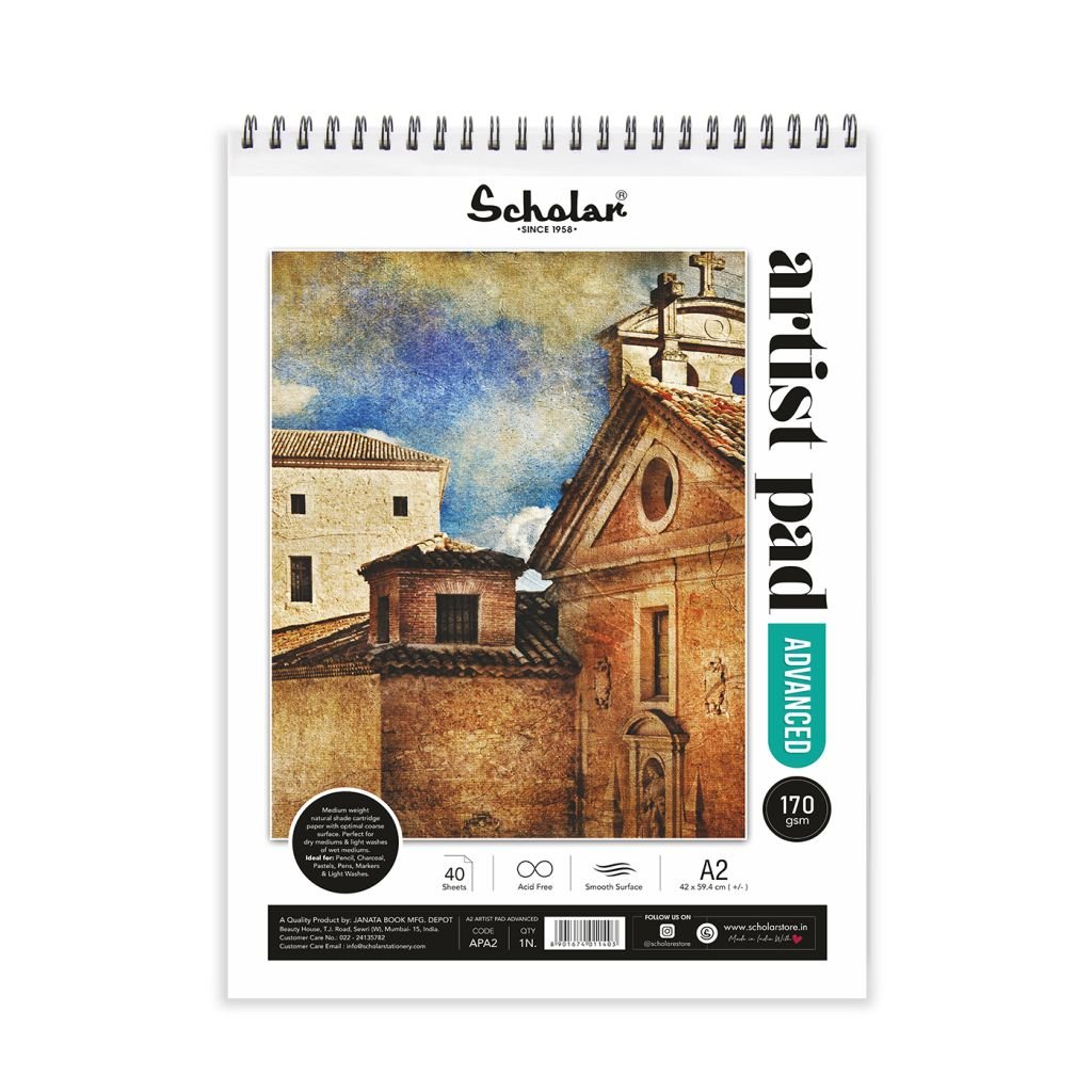 Scholar Artists' Pad Advanced - A2 (42 cm x 59.4 cm or 16.53 in x 23.38 in) Natural White Smooth 170 GSM, Spiral Pad of 40 Sheets