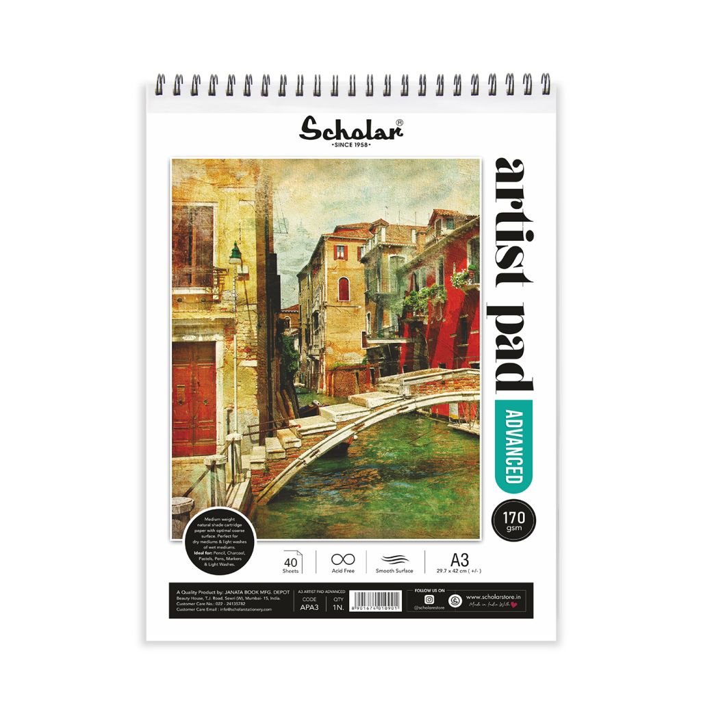 Scholar Artists' Pad Advanced - A3 (29.7 cm x 42 cm or 11.7 in x 16.5 in) Natural White Smooth 170 GSM, Spiral Pad of 40 Sheets