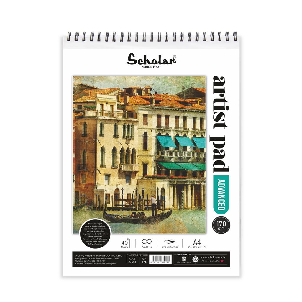 Scholar Artists' Pad Advanced - A4 (29.7 cm x 21 cm or 8.3 in x 11.7 in) Natural White Smooth 170 GSM, Spiral Pad of 40 Sheets