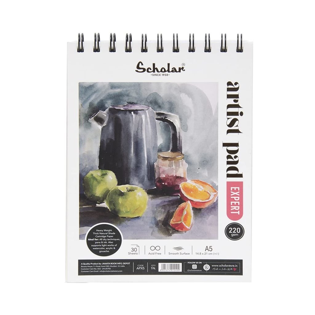 Scholar Artists' Pad Expert - A5 (14.8 cm x 21 cm or 5.8 in x 8.3 in) Natural White Smooth 220 GSM, Spiral Pad of 30 Sheets