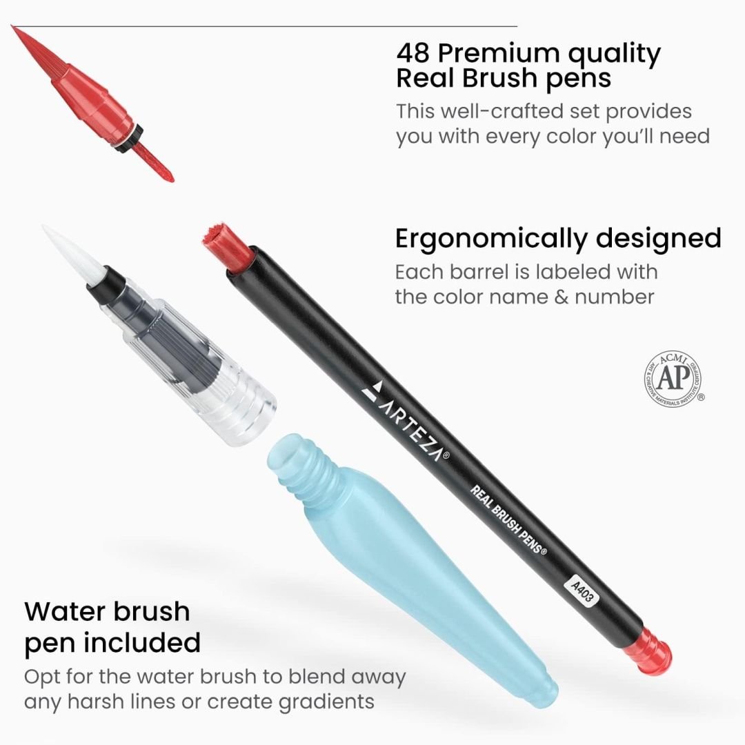 Arteza Premium Real Brush Pens - Water-Based Ink / Blendable - Assorted Set of 48
