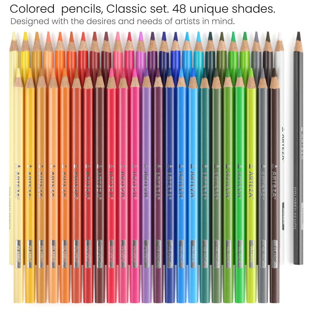 Arteza Classic Coloured Pencils - Triangular Shape - Rich & Vibrant - Assorted Set of 48
