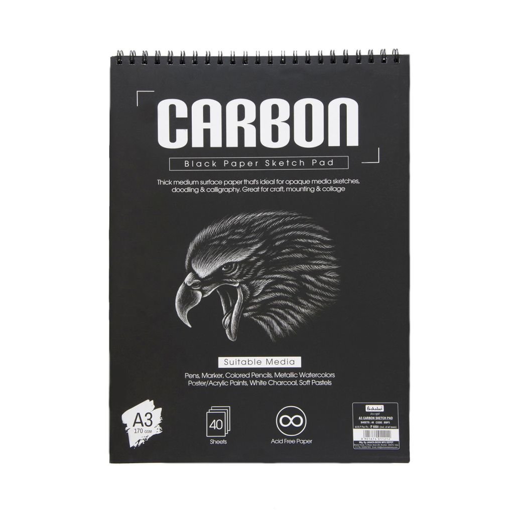 Scholar Artists' Toned Paper Carbon - A3 (29.7 cm x 42 cm or 11.7 in x 16.5 in) Black Smooth 180 GSM, Spiral Pad of 40 Sheets