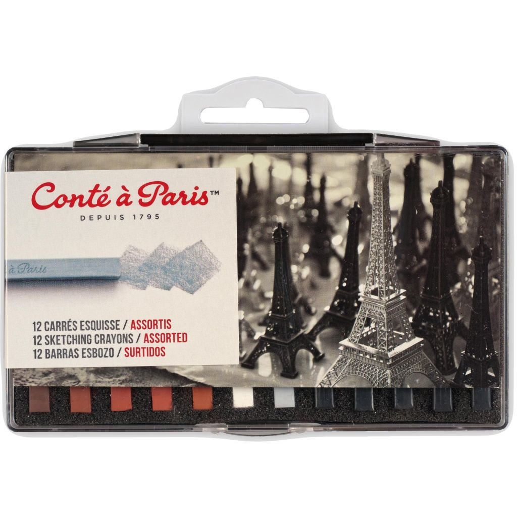 Conte a' Paris Sketching Carres Crayons - Assorted - 12 Sketching Crayons - Metal Box