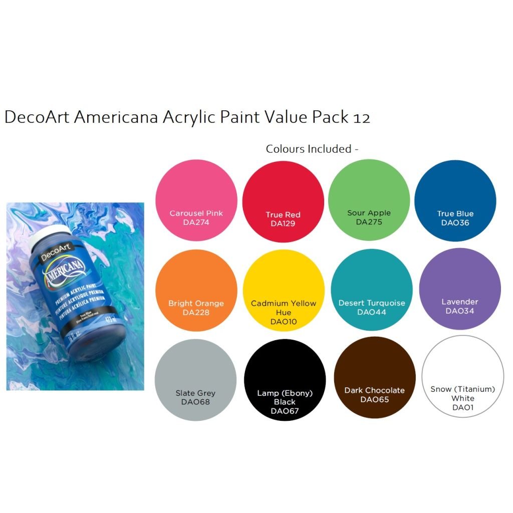 DecoArt Americana Matte Acrylic Paint - Value Pack of 12 Colours x 59 ML