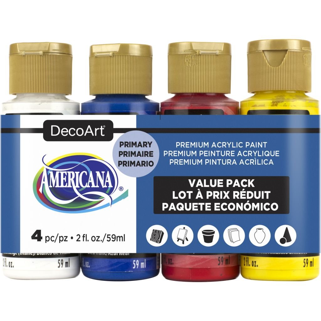 DecoArt Americana Matte Acrylic Paint - Primary Value Pack of 4 Colours x 59 ML