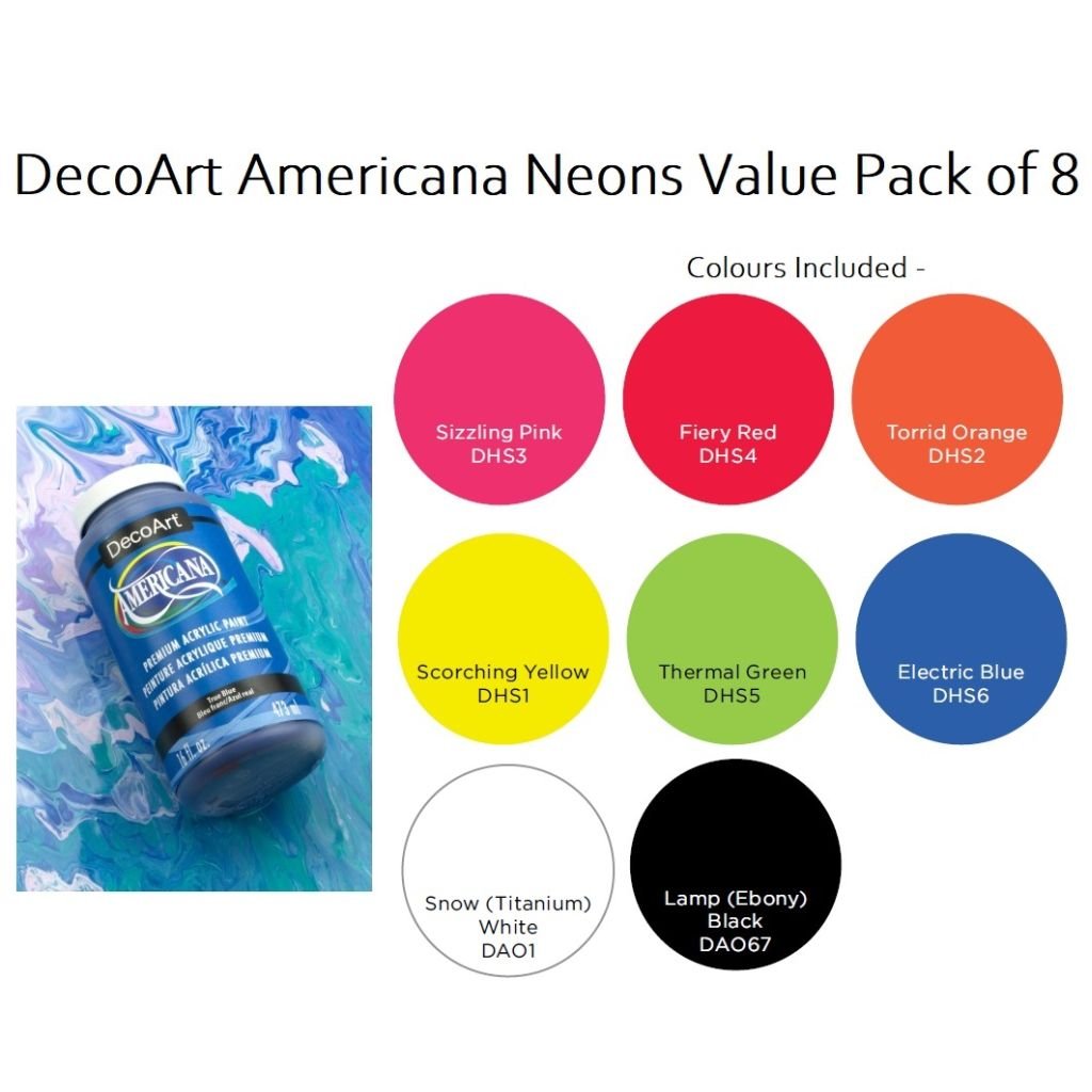 DecoArt Americana Matte Acrylic Paint - Neons Value Pack of 8 Colours x 59 ML
