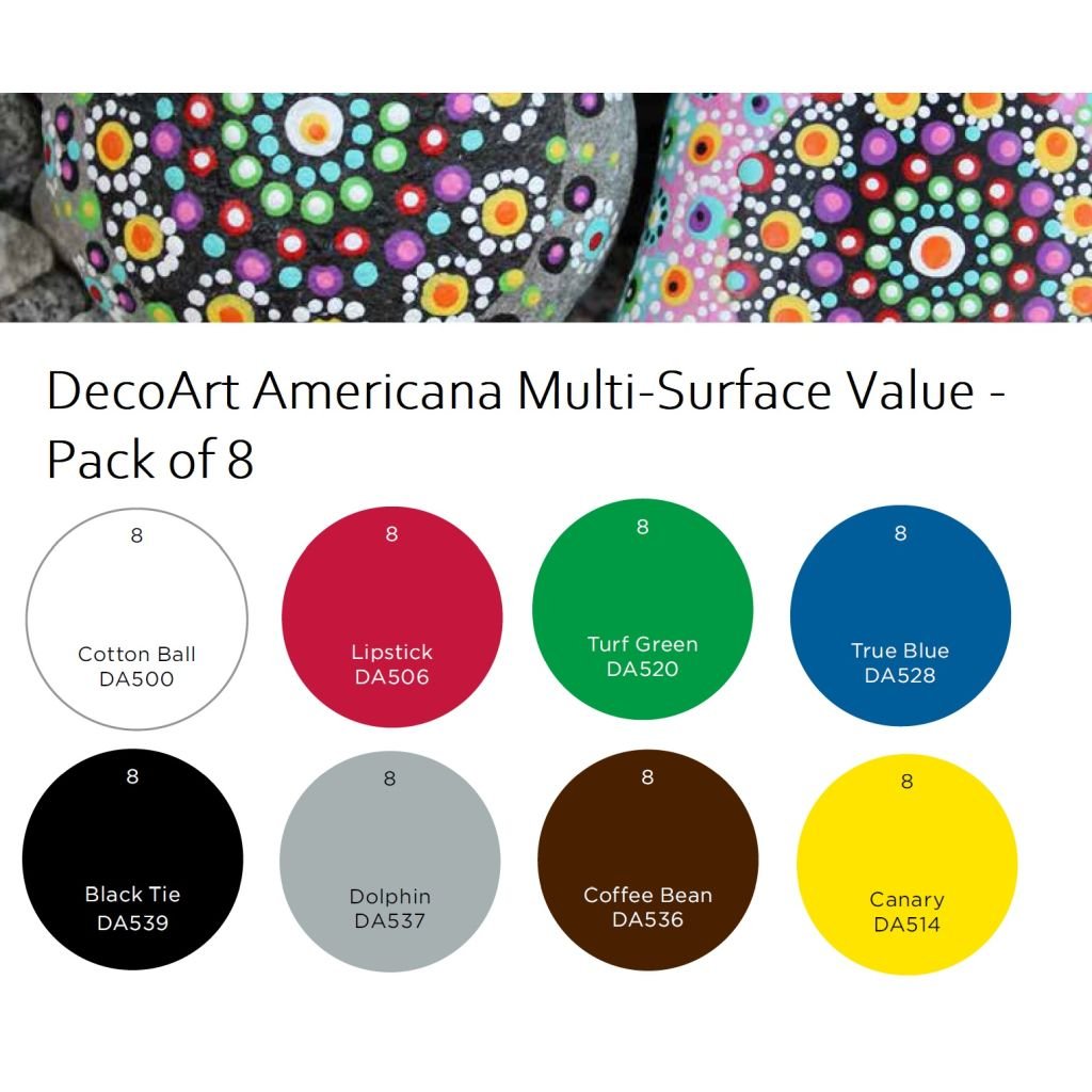 DecoArt Americana Multi Surface Satin Acrylic Paint - Value Pack of 8 Colours x 59 ML