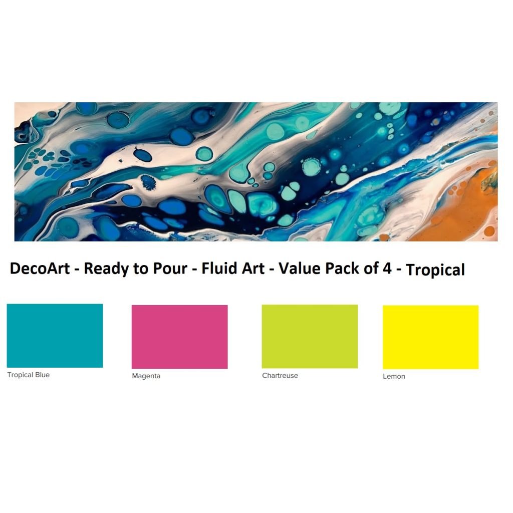 DecoArt FluidArt - Ready-to-Pour Acrylic Paint - Value Pack of 4 Colours x 118 ML - Tropical