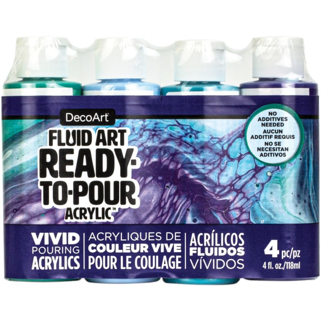 DecoArt FluidArt - Ready-to-Pour Acrylic Paint - Value Pack of 4 Colours x 118 ML - Lagoon