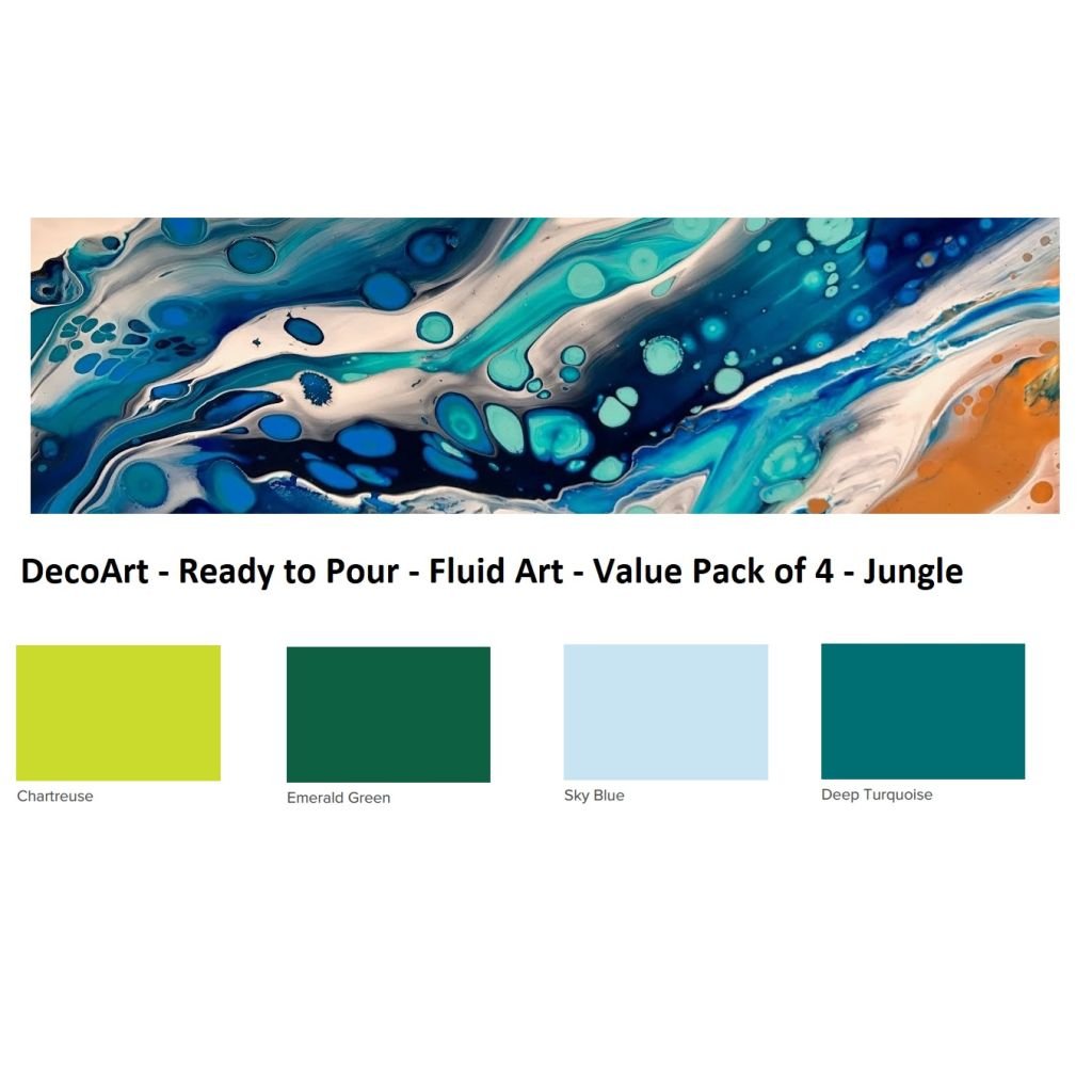 DecoArt FluidArt - Ready-to-Pour Acrylic Paint - Value Pack of 4 Colours x 118 ML - Jungle
