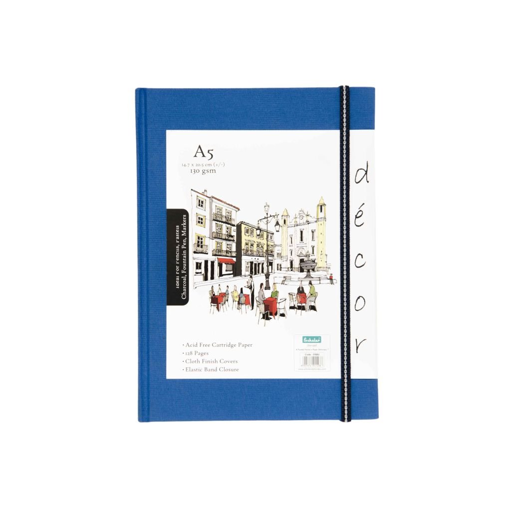 Scholar Artists' Sketch Book Décor - A5 (14.8 cm x 21 cm or 5.8 in x 8.3 in) Natural White Medium 150 GSM, Cloth Finish Blue Cover Journal of 56 Sheets