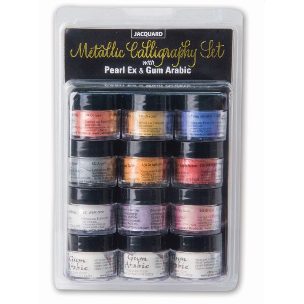 Jacquard Pearl Ex Powdered Pigments - Metallic Calligraphy - Set of 9 Colours and 3 Jars of Gum Arabic