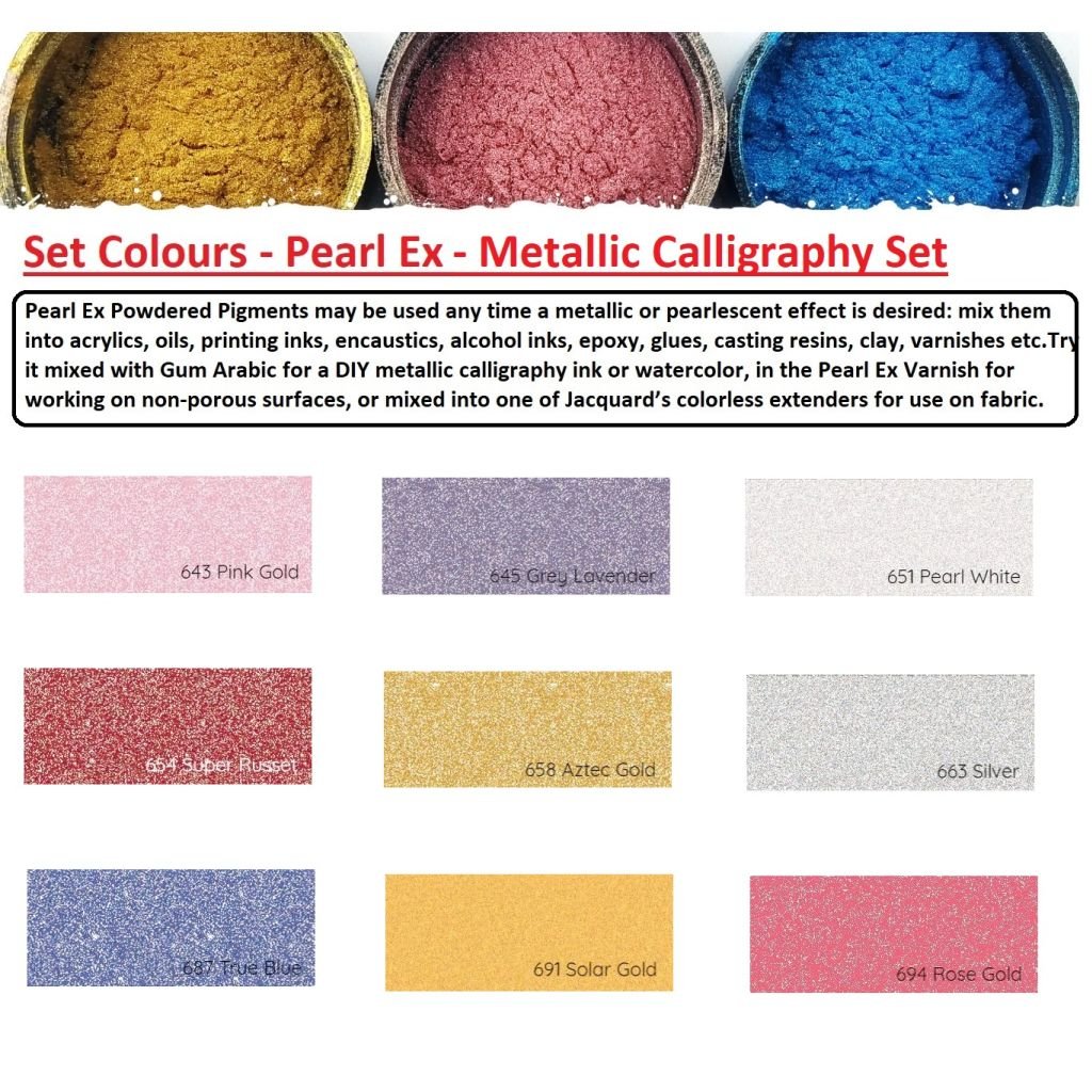 Jacquard Pearl Ex Powdered Pigments - Metallic Calligraphy - Set of 9 Colours and 3 Jars of Gum Arabic
