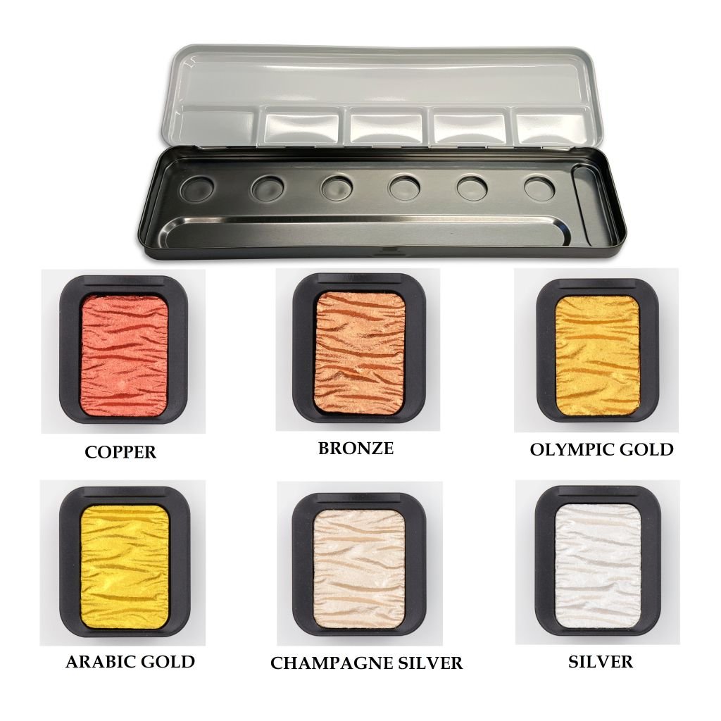 FineTec Mica Based Pearlescent Watercolours - Opaque - Professional Quality - Set of 6 Pearlescent Colours in a metal box - 30 mm x 22 mm Rectangular Pan