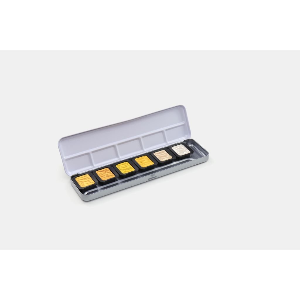 FineTec Mica Based Pearlescent Watercolours - Opaque - Professional Quality - Set of 6 Pearlescent Colours in a metal box - 30 mm Dia Pans - 4 Golds + 2 Silvers - The New M600