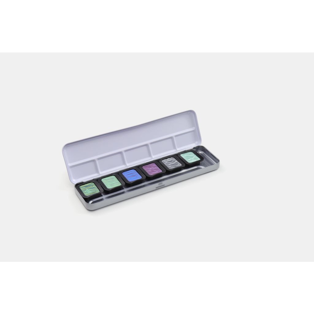 FineTec Mica Based Pearlescent Watercolours - Opaque - Professional Quality - Set of 6 Pearlescent COOL Colours in a metal box - 30 mm x 22 mm Rectangular Pan
