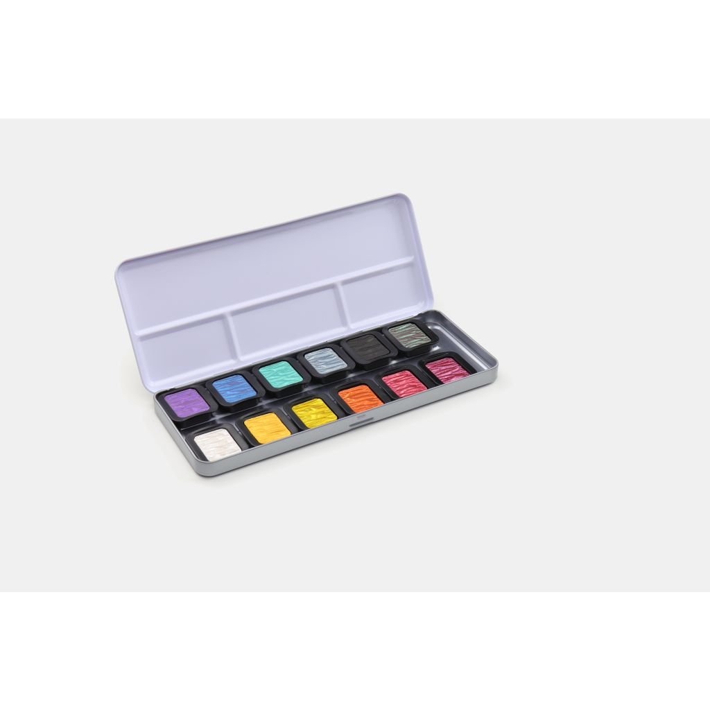 FineTec Mica Based Pearlescent Watercolours - Opaque - Professional Quality - Set of 12 Pearlescent Colours in a metal box - 30 mm x 22 mm Rectangular Pan