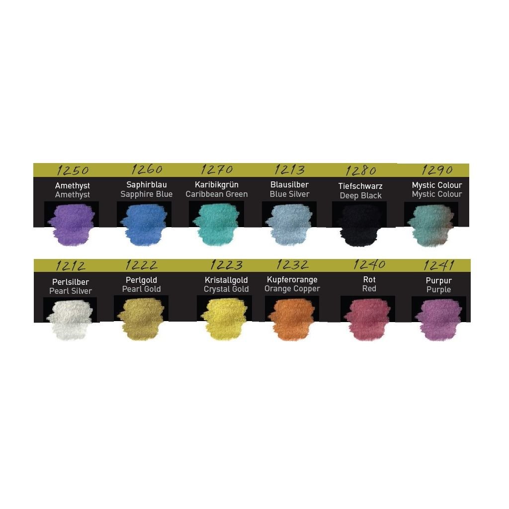FineTec Mica Based Pearlescent Watercolours - Opaque - Professional Quality - Set of 12 Pearlescent Colours in a metal box - 30 mm x 22 mm Rectangular Pan