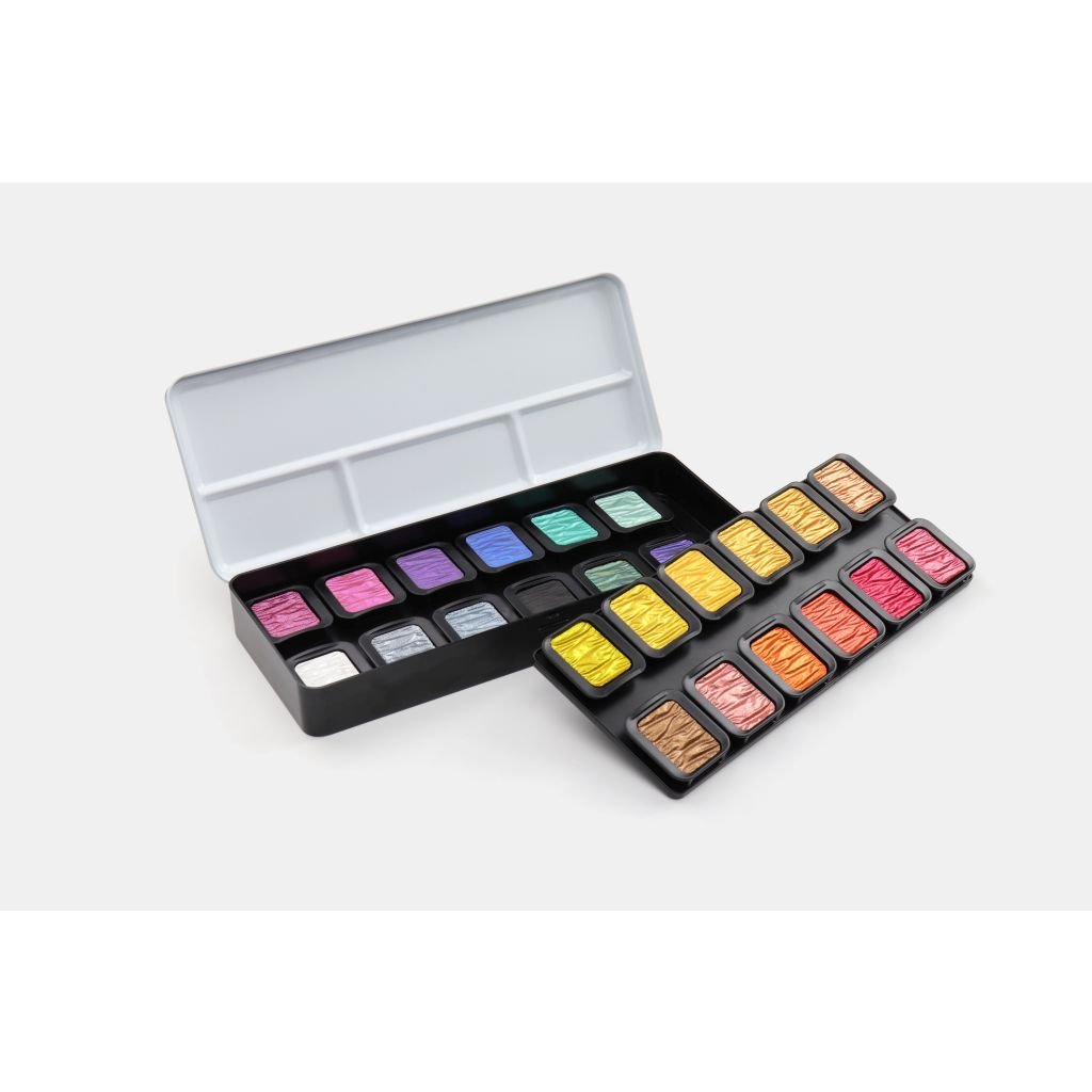 FineTec Mica Based Pearlescent Watercolours - Opaque - Professional Quality - Set of 24 Pearlescent Colours in a metal box - 30 mm x 22 mm Rectangular Pan