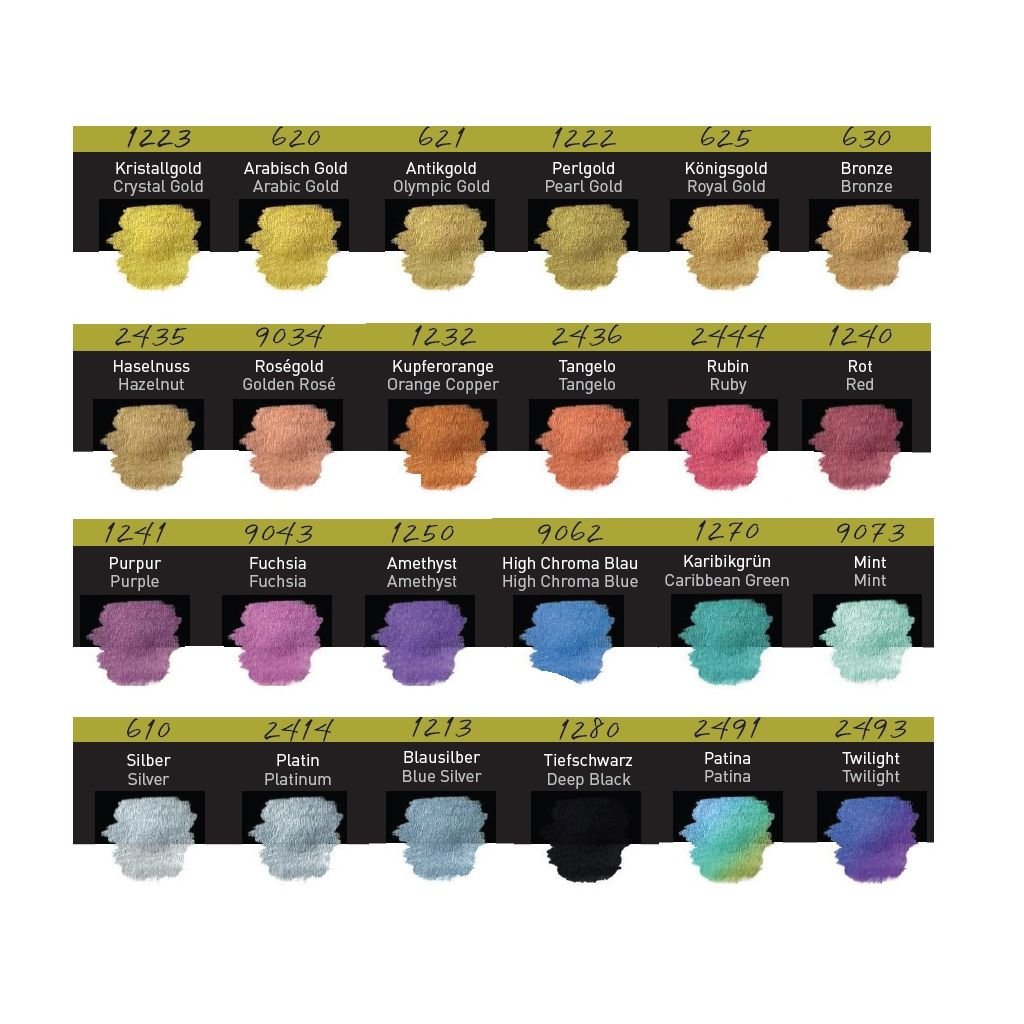 FineTec Mica Based Pearlescent Watercolours - Opaque - Professional Quality - Set of 24 Pearlescent Colours in a metal box - 30 mm x 22 mm Rectangular Pan