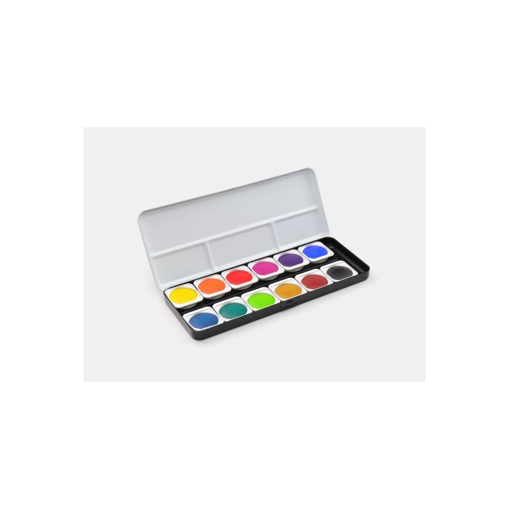 FineTec Artists' Transparent Watercolours - Fine Quality - Set of 12 Colours in a metal box - 30 mm Dia Pans