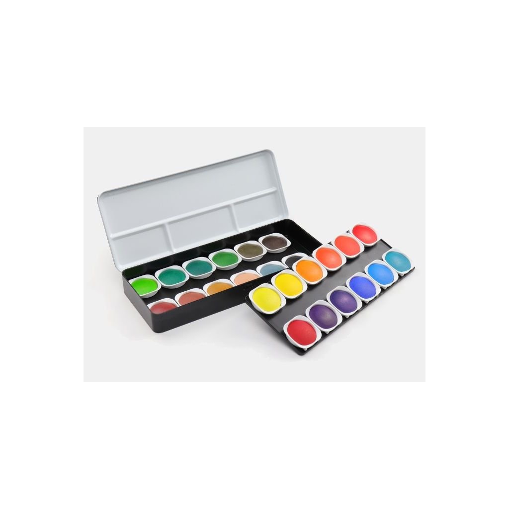 FineTec Artists' Transparent Watercolours - Fine Quality - Set of 24 Colours in a metal box - 30 mm Dia Pans