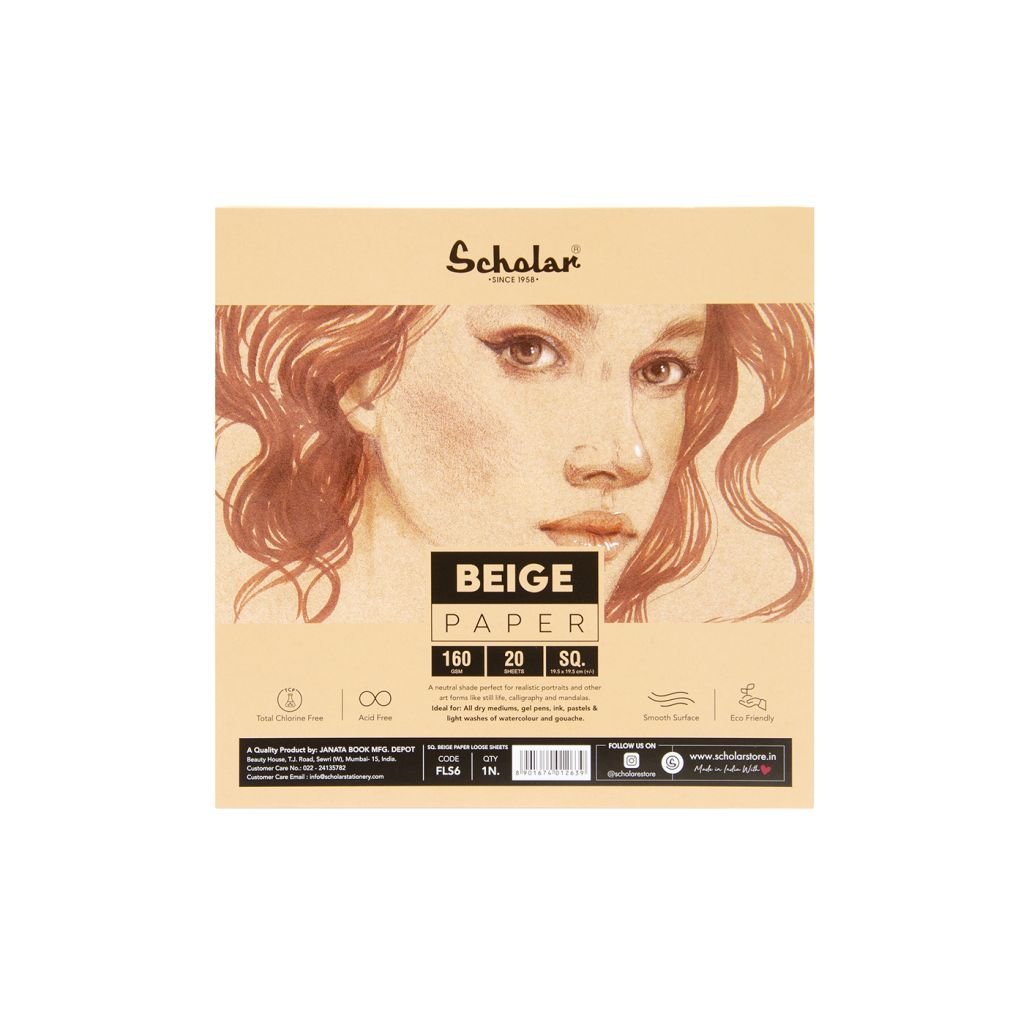 Scholar Artists' Toned Paper Flesh - Square (19.5 cm x 19.5 cm or 7.68 in x 7.68 in) Beige Smooth 160 GSM, Poly Pack of 20 Sheets
