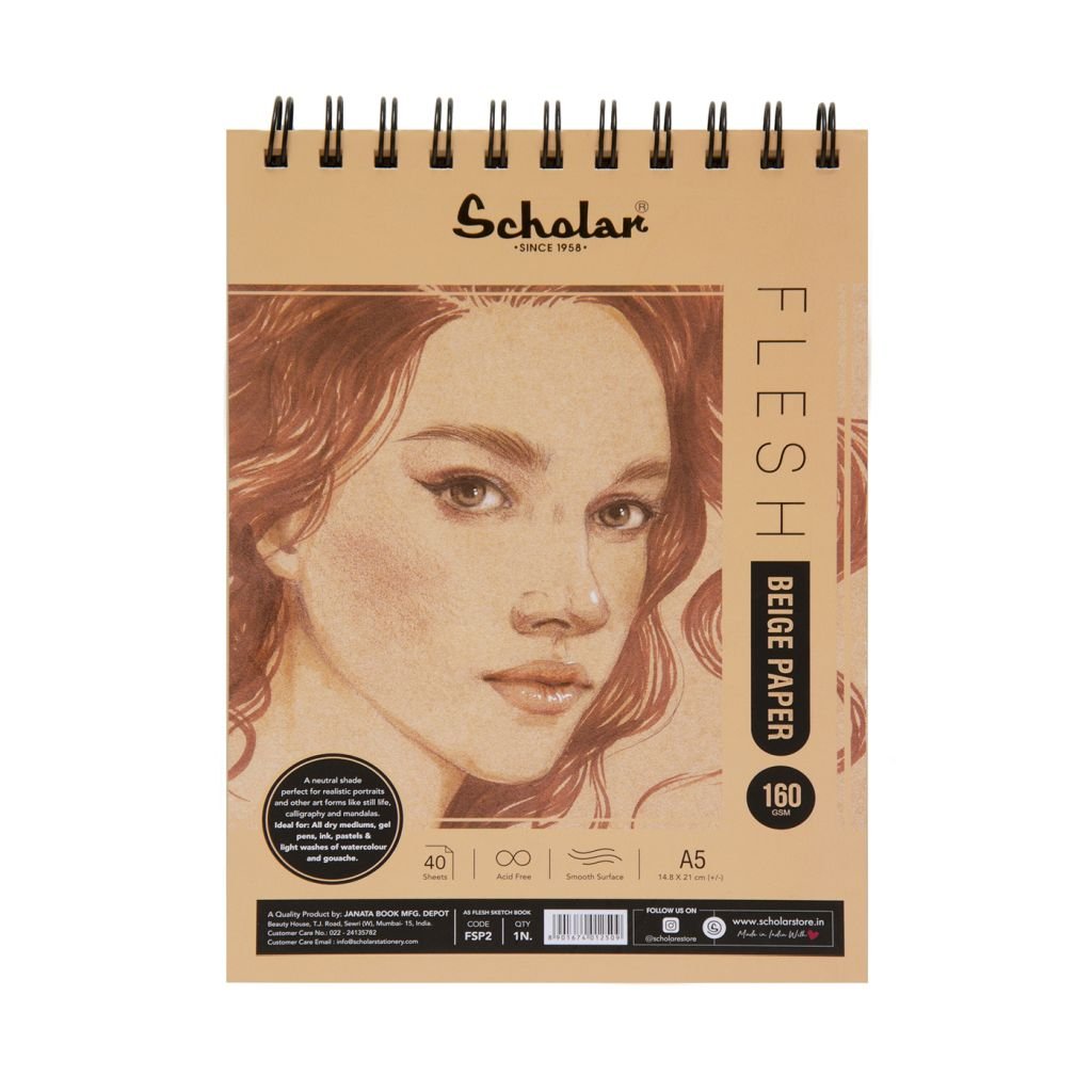 Scholar Artists' Toned Paper Flesh - A5 (14.8 cm x 21 cm or 5.8 in x 8.3 in) Beige Smooth 160 GSM, Spiral Pad of 40 Sheets