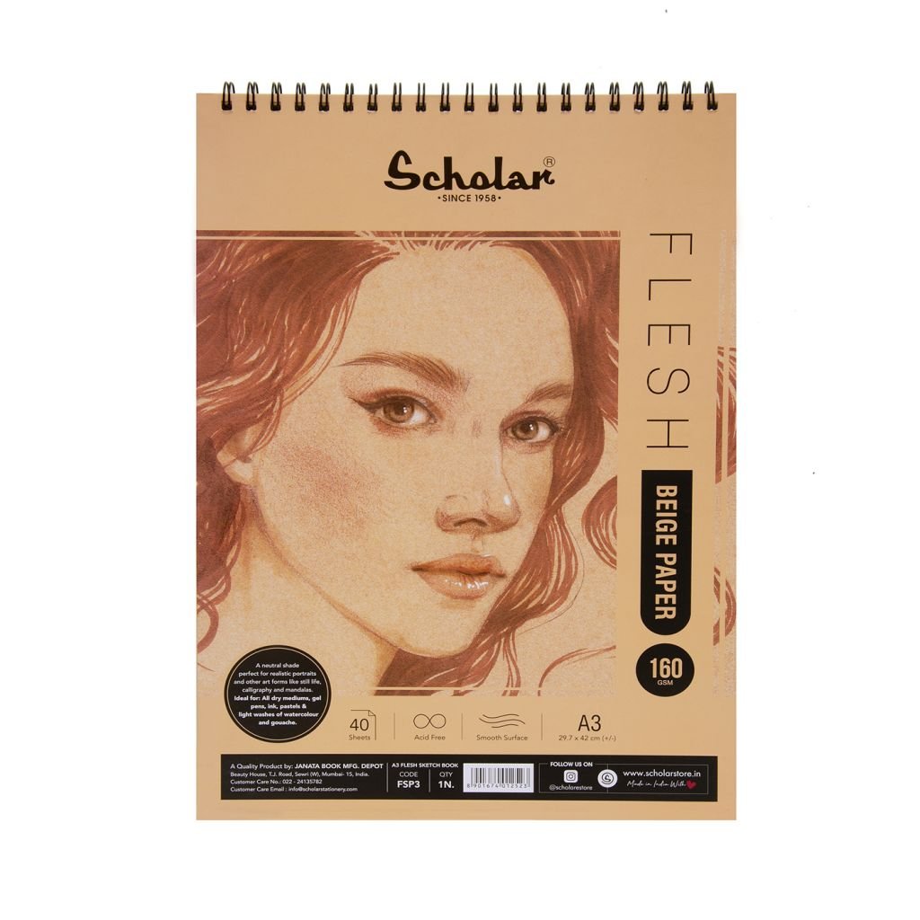 Scholar Artists' Toned Paper Flesh - A3 (29.7 cm x 42 cm or 11.7 in x 16.5 in) Beige Smooth 160 GSM, Spiral Pad of 40 Sheets