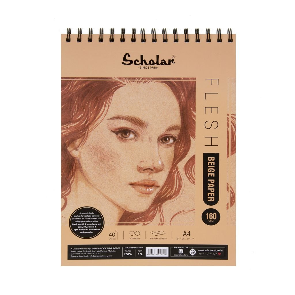 Scholar Artists' Toned Paper Flesh - A4 (29.7 cm x 21 cm or 8.3 in x 11.7 in) Beige Smooth 160 GSM, Spiral Pad of 40 Sheets