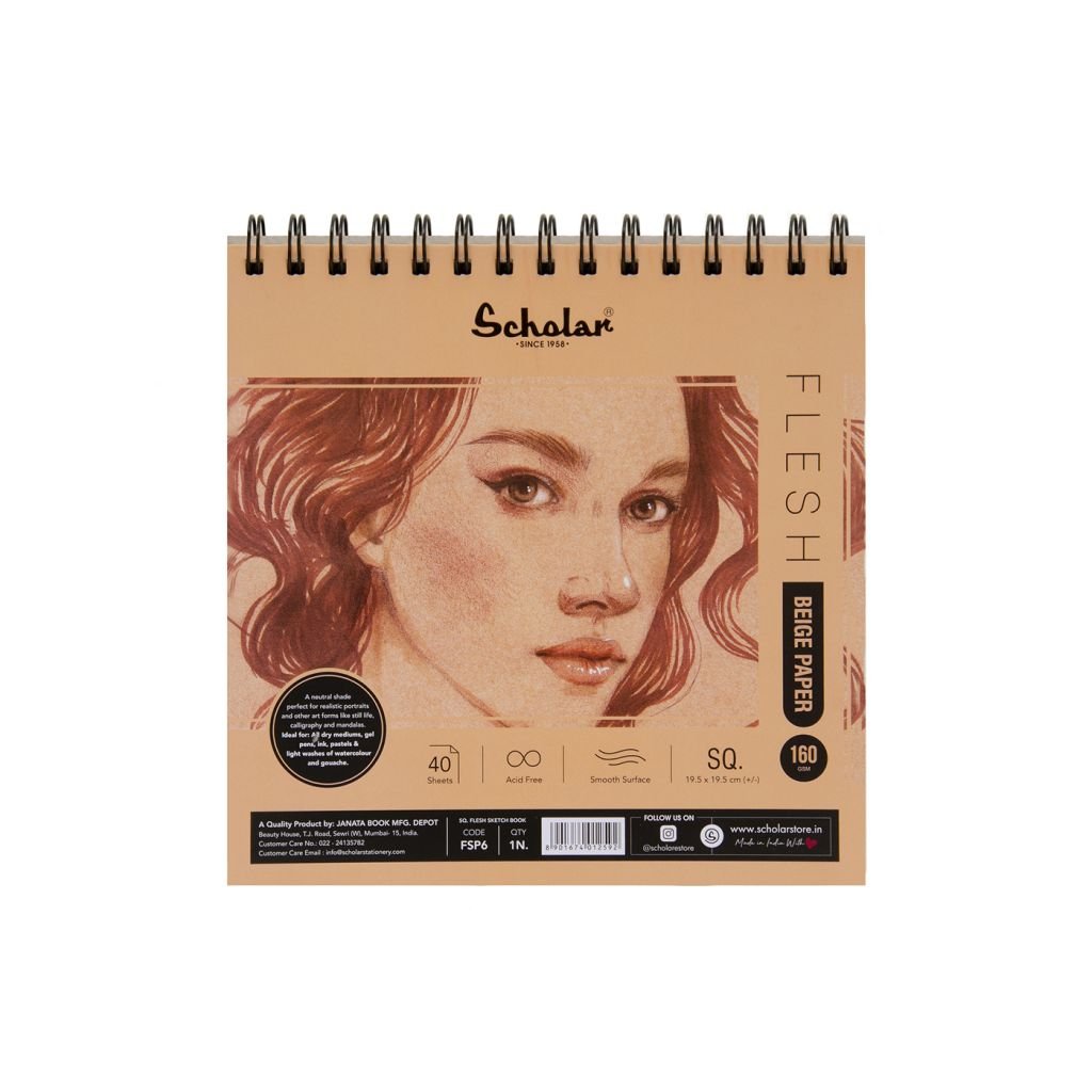 Scholar Artists' Toned Paper Flesh - Square (19.5 cm x 19.5 cm or 7.68 in x 7.68 in) Beige Smooth 160 GSM, Spiral Pad of 40 Sheets