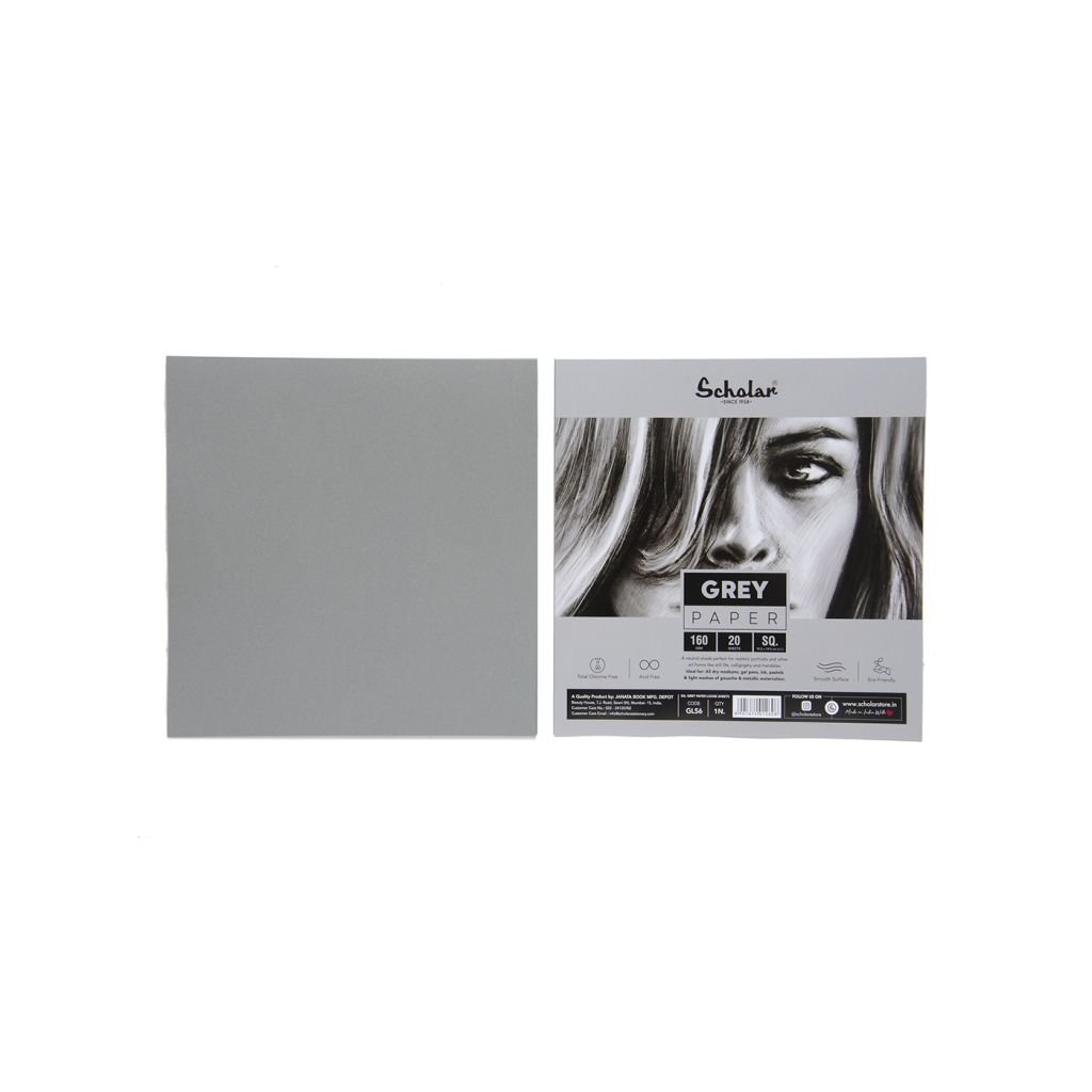 Scholar Artists' Toned Paper Gravel - Square (19.5 cm x 19.5 cm or 7.68 in x 7.68 in) Grey Smooth 170 GSM, Poly Pack of 20 Sheets