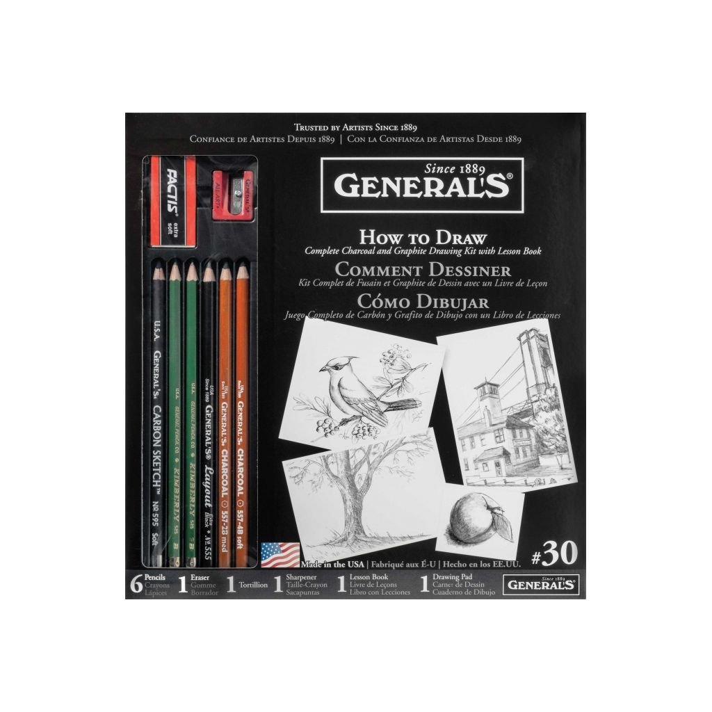 General's How to Draw Kit - Complete Charcoal & Graphite Drawing Kit with Lesson Book - Art Set of 11 Pieces