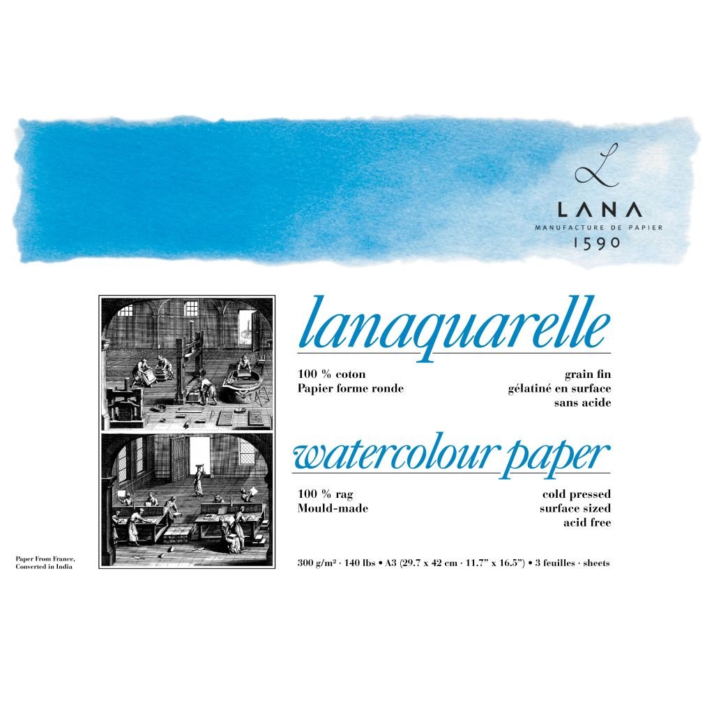 Lana Artists' Watercolour - Lanaquarelle - A3 (29.7 cm x 42 cm) Natural White Fine Grain / Matt Surface / Cold Press 300 GSM Paper, PolyPack of 3 Sheets