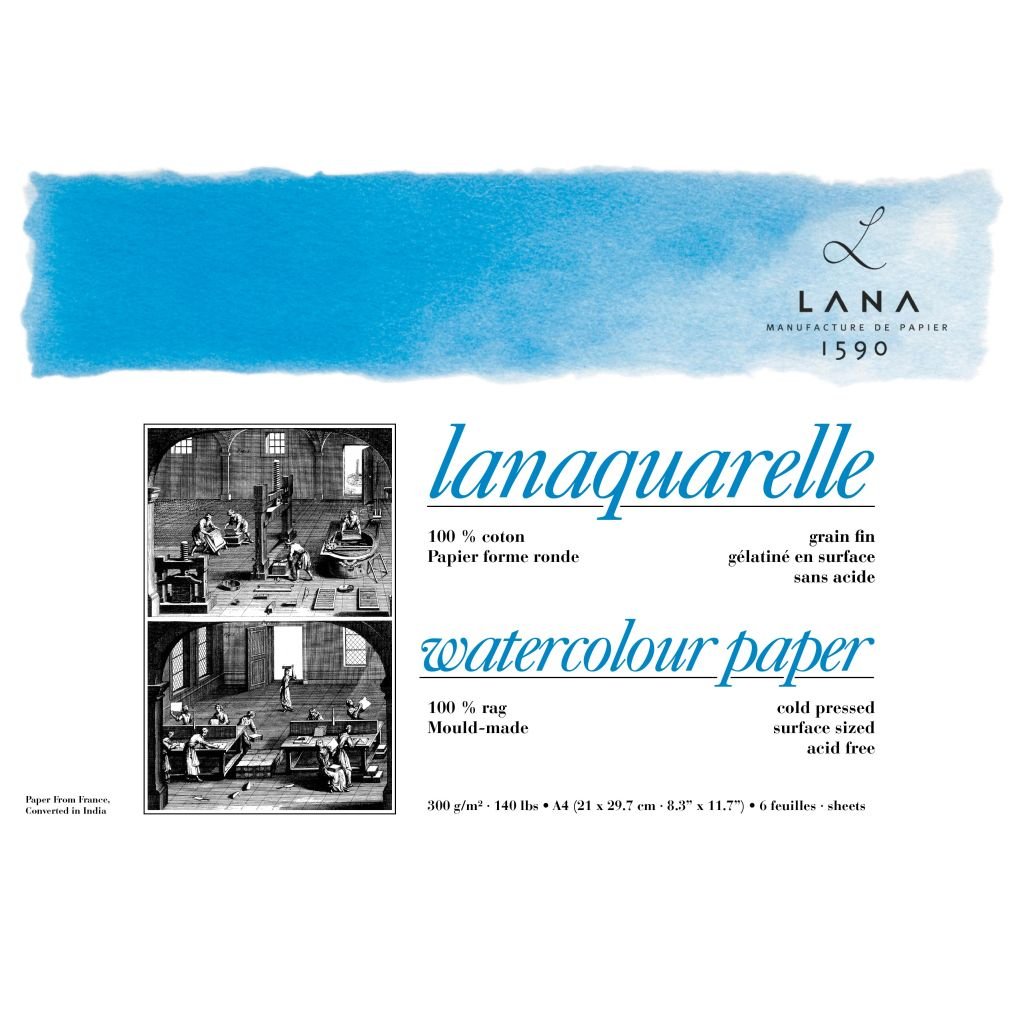 Lana Artists' Watercolour - Lanaquarelle - A4 (21 cm x 29.7 cm) Natural White Fine Grain / Matt Surface / Cold Press 300 GSM Paper, PolyPack of 6 Sheets