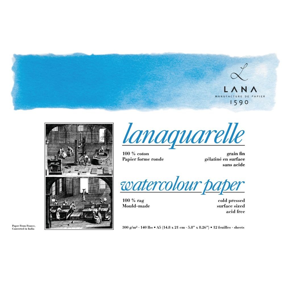 Lana Artists' Watercolour - Lanaquarelle - A5 (14.8 cm x 21 cm) Natural White Fine Grain / Matt Surface / Cold Press 300 GSM Paper, PolyPack of 12 Sheets