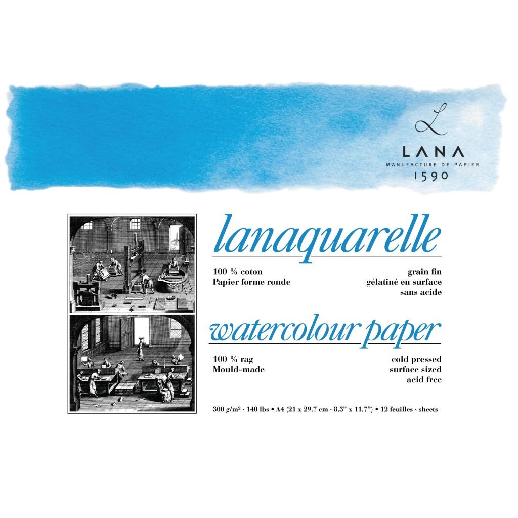 Lana Artists' Watercolour - Lanaquarelle - A4 (21 cm x 29.7 cm) Natural White Fine Grain / Matt Surface / Cold Press 300 GSM Paper, Short Side Glued Pad of 12 Sheets