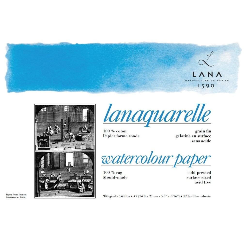 Lana Artists' Watercolour - Lanaquarelle - A5 (14.8 cm x 21 cm) Natural White Fine Grain / Matt Surface / Cold Press 300 GSM Paper, Short Side Glued Pad of 12 Sheets