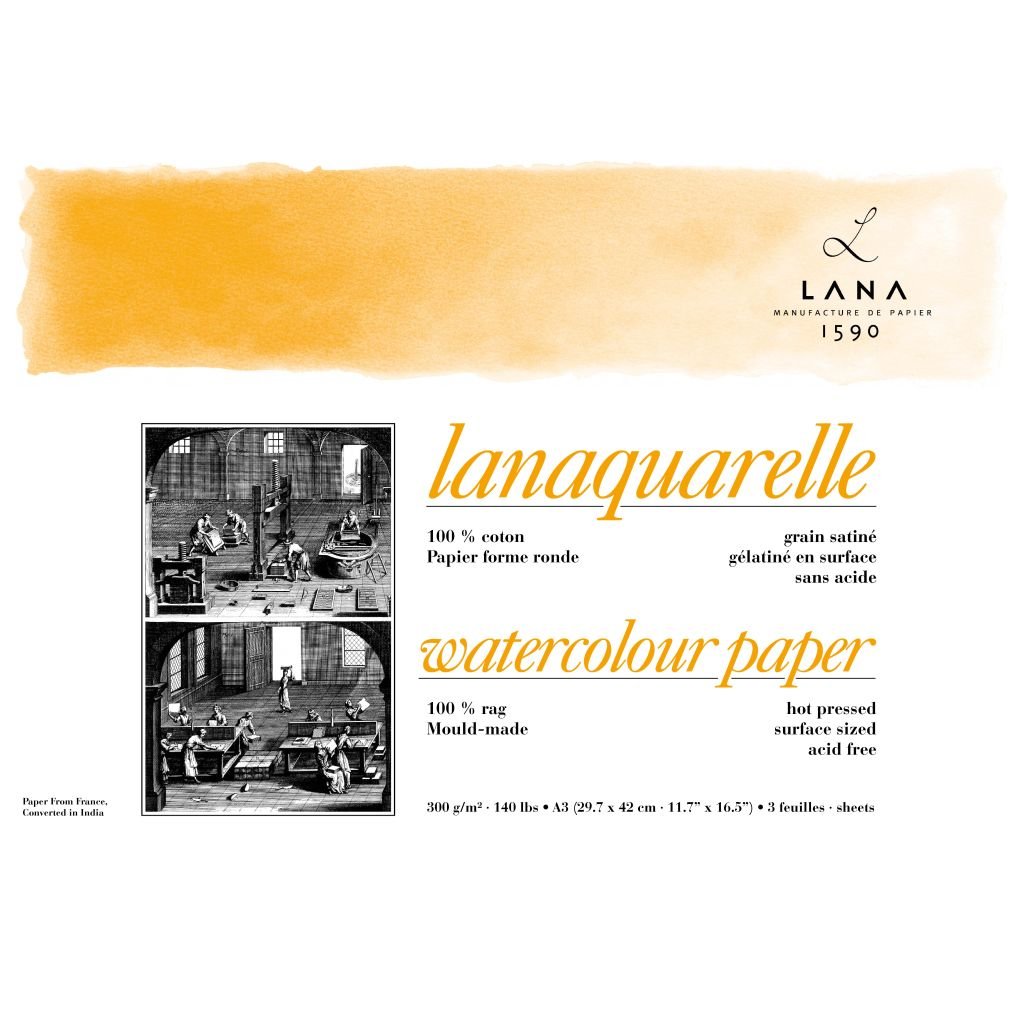 Lana Artists' Watercolour - Lanaquarelle - A3 (29.7 cm x 42 cm) Natural White Smooth / Hot Press 300 GSM Paper, PolyPack of 3 Sheets