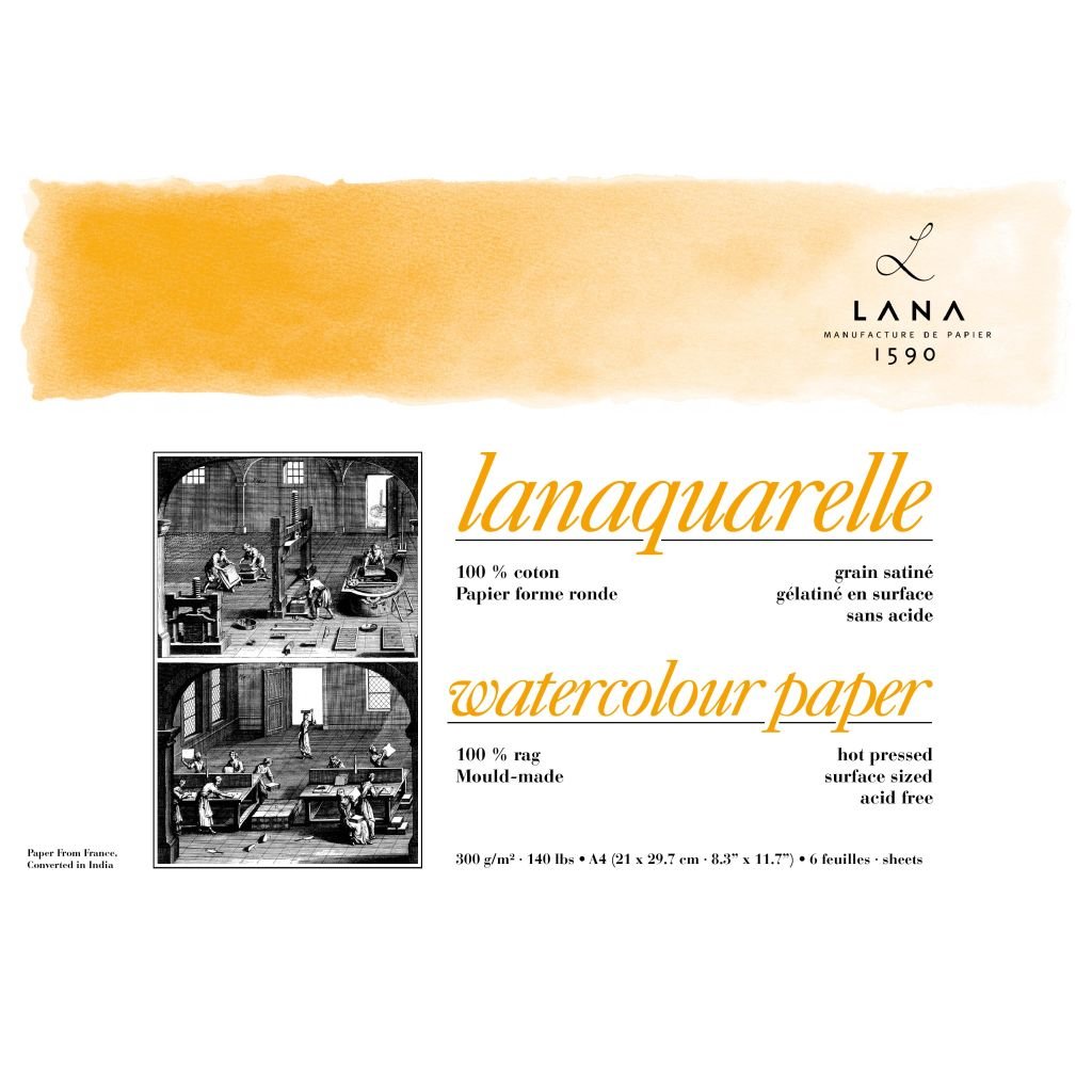 Lana Artists' Watercolour - Lanaquarelle - A4 (21 cm x 29.7 cm) Natural White Smooth / Hot Press 300 GSM Paper, PolyPack of 6 Sheets