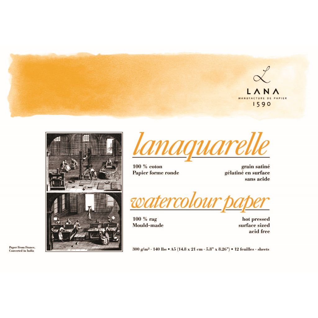 Lana Artists' Watercolour - Lanaquarelle - A5 (14.8 cm x 21 cm) Natural White Smooth / Hot Press 300 GSM Paper, PolyPack of 12 Sheets
