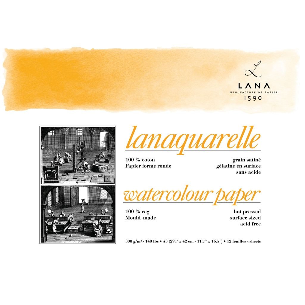 Lana Artists' Watercolour - Lanaquarelle - A3 (29.7 cm x 42 cm) Natural White Smooth / Hot Press 300 GSM Paper, Short Side Glued Pad of 12 Sheets