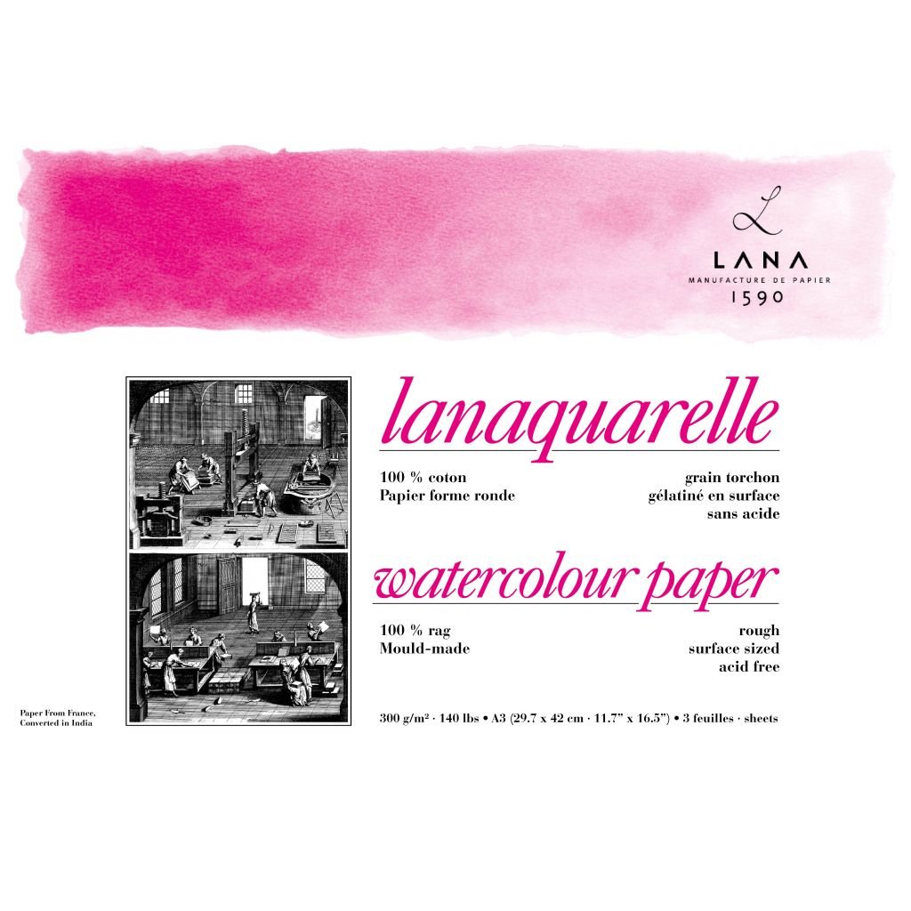 Lana Artists' Watercolour - Lanaquarelle - A3 (29.7 cm x 42 cm) Natural White Rough Grain 300 GSM Paper, PolyPack of 3 Sheets