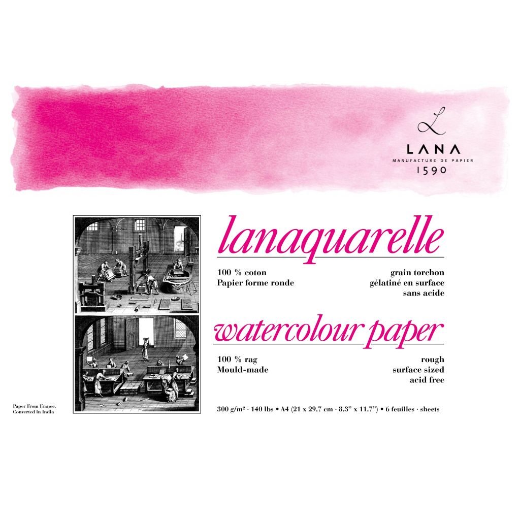 Lana Artists' Watercolour - Lanaquarelle - A4 (21 cm x 29.7 cm) Natural White Rough Grain 300 GSM Paper, PolyPack of 6 Sheets