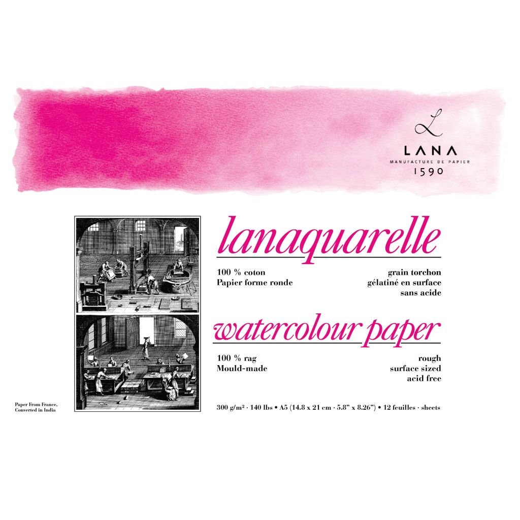 Lana Artists' Watercolour - Lanaquarelle - A5 (14.8 cm x 21 cm) Natural White Rough Grain 300 GSM Paper, PolyPack of 12 Sheets